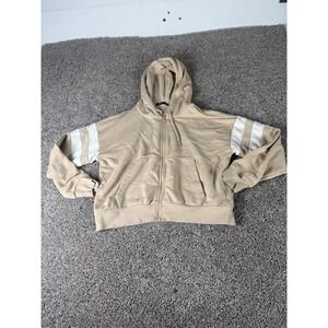 Pool Kids Tan Full Zip Hoodie Varsity Stripe Sleeve Beige Sweatshirt Size M